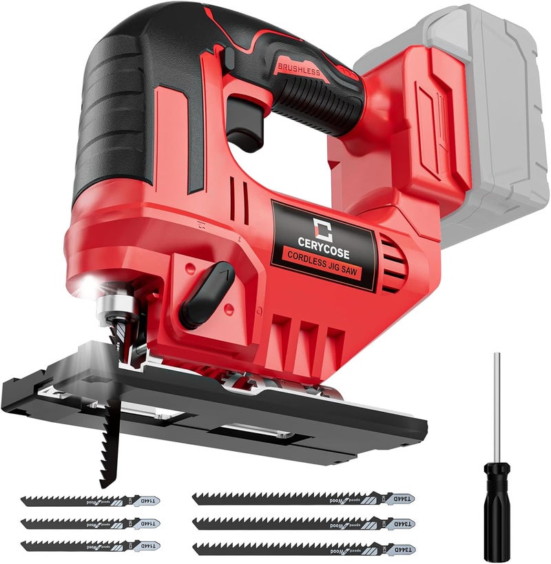 Cerycose Jigsaw Compatible With Milwaukee 18V, Cordless jigsaw tool, Brushless Motor, 0°- 45° Bevel Cuts, LED Light with 3 Position Orbital Setting for Straight/Curve/Bevel/Circle Cutting (NO Battery) - Image 1